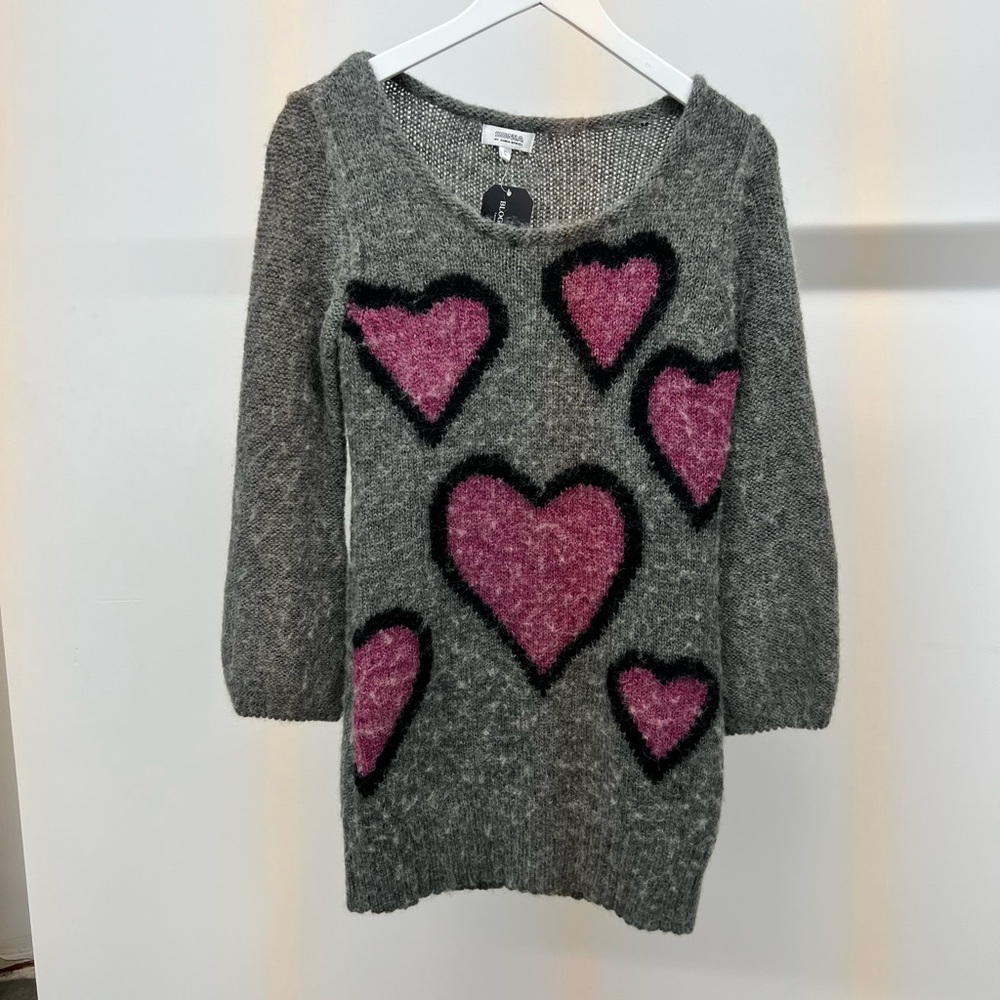 Sonia Rykiel 100% Wool Grey/Pink Heart Sweater